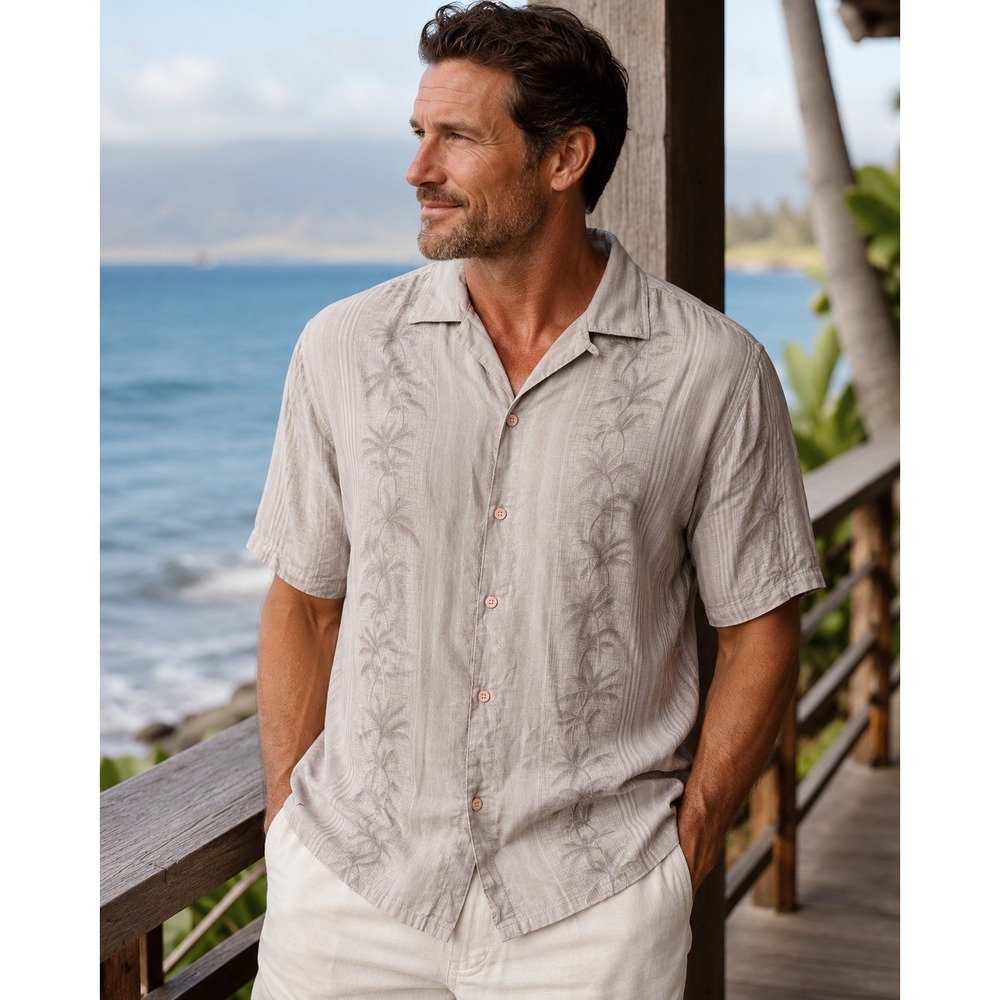 Hollis River Men's XL Tropical Palm Tree Rayon Shirt Gray Vacation Button Front